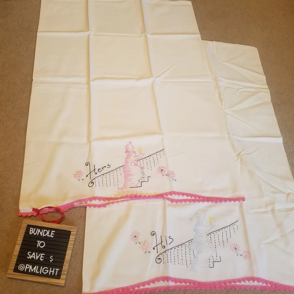 Vintage Pillowcases Set of 2 His & Hers Handmade